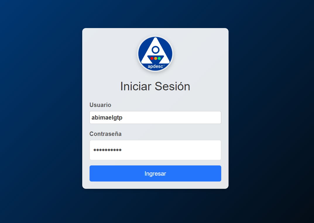 Pantalla de inicio de sesión de apdesc form
