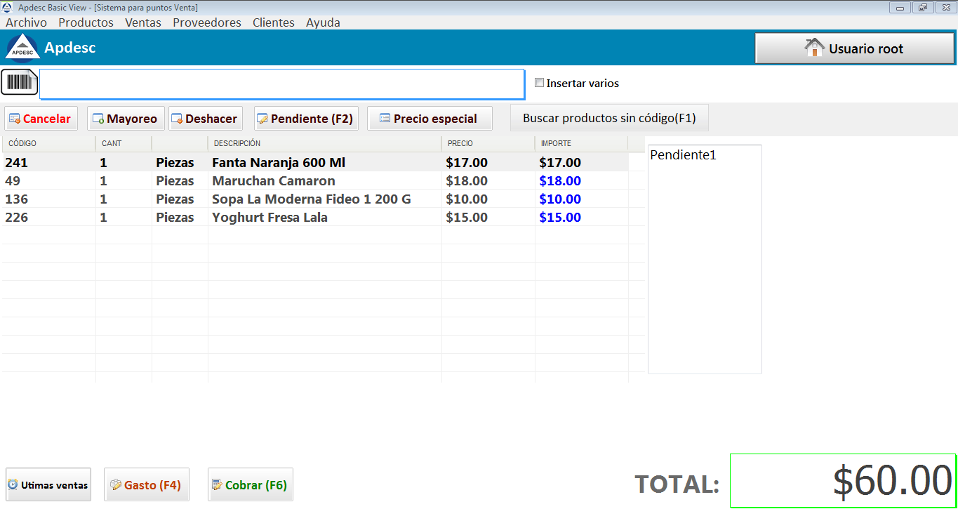 Ventana de registro de productos de Apdesc Basic View mostrando formulario y lista de productos
